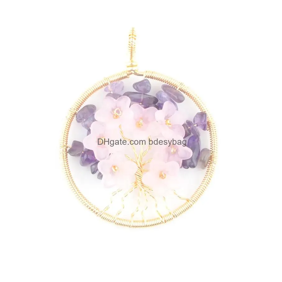 natural stone round pendants tree of life handmade gold color copper wire wrapped charm 50mm jewelry bn481