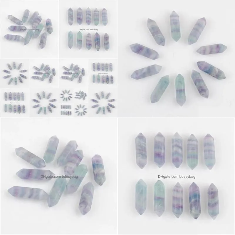 wholesale natural loose gemstones flourite hexagonal healing pointed reiki chakra no hole pendant beads jewelry 30x8mm u3379