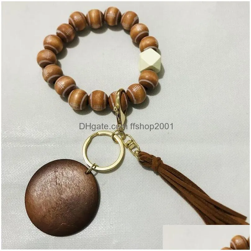 tassel keychain beaded bracelet keychains pendant party favor sports ball soccer baseball basketball wooden bead bracelet