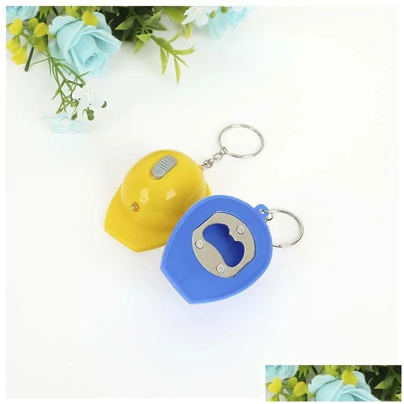 creative safety hat bottle opener keychain flashlight keychain pendant promotional gift keyring key chain custom logo