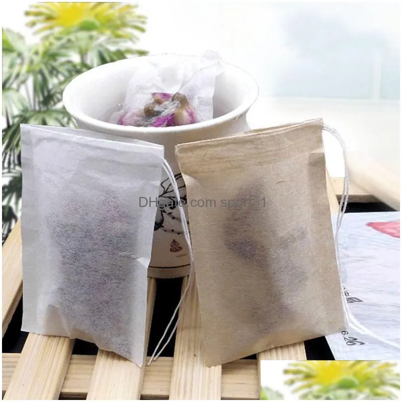 100 pcs/lot tea filter bag tools natural unbleached paper disposable teas infuser with drawstring bags dhs