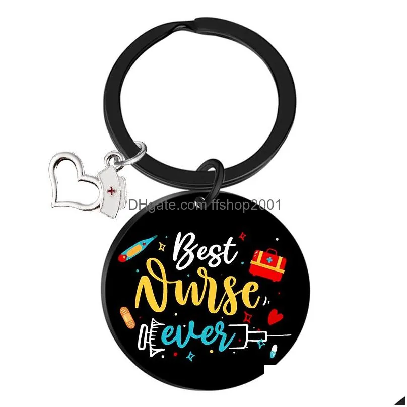 28mm colorful nurse day keychains black stainless steel keychain pendant creative gift keyring