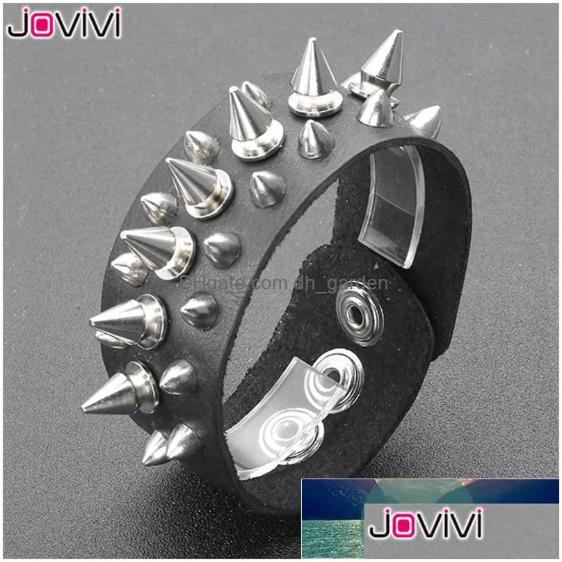 jovivi wide genuine leather spike studded rivet biker skull bangle cuff bracelet punk rock black adjustable wristband 6.68inch factory price expert design