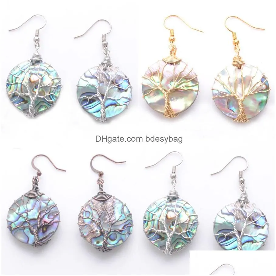 elegant dangle earrings for women jewelry gifts tree of life round bronze gold silver wrap wire abalone shell earring br348