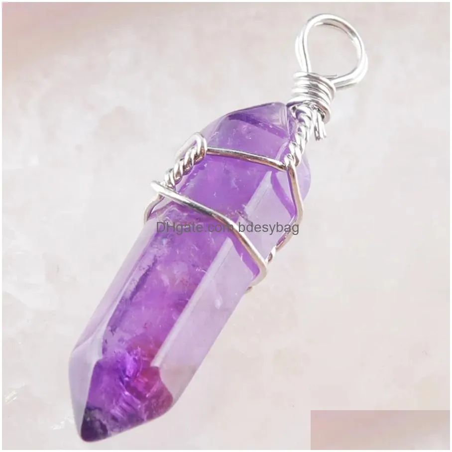 natural gem stone beads pendant hexagonal pointed reiki chakra wire wrapped charm jewelry bn306