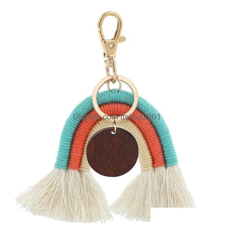 bohemian rainbow woven keychain braided tassel keychain pendant diy wood chip luggage decoration key chain keyring