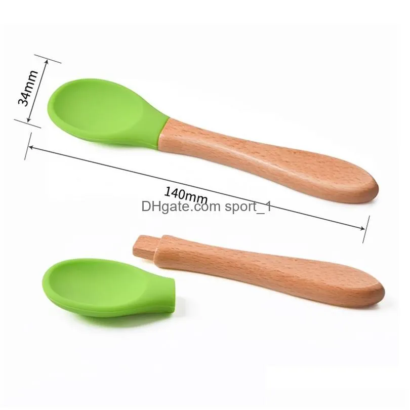 silicone spoons portable tableware child food wooden handle coffee scoop baby training spoon home kitchen tool