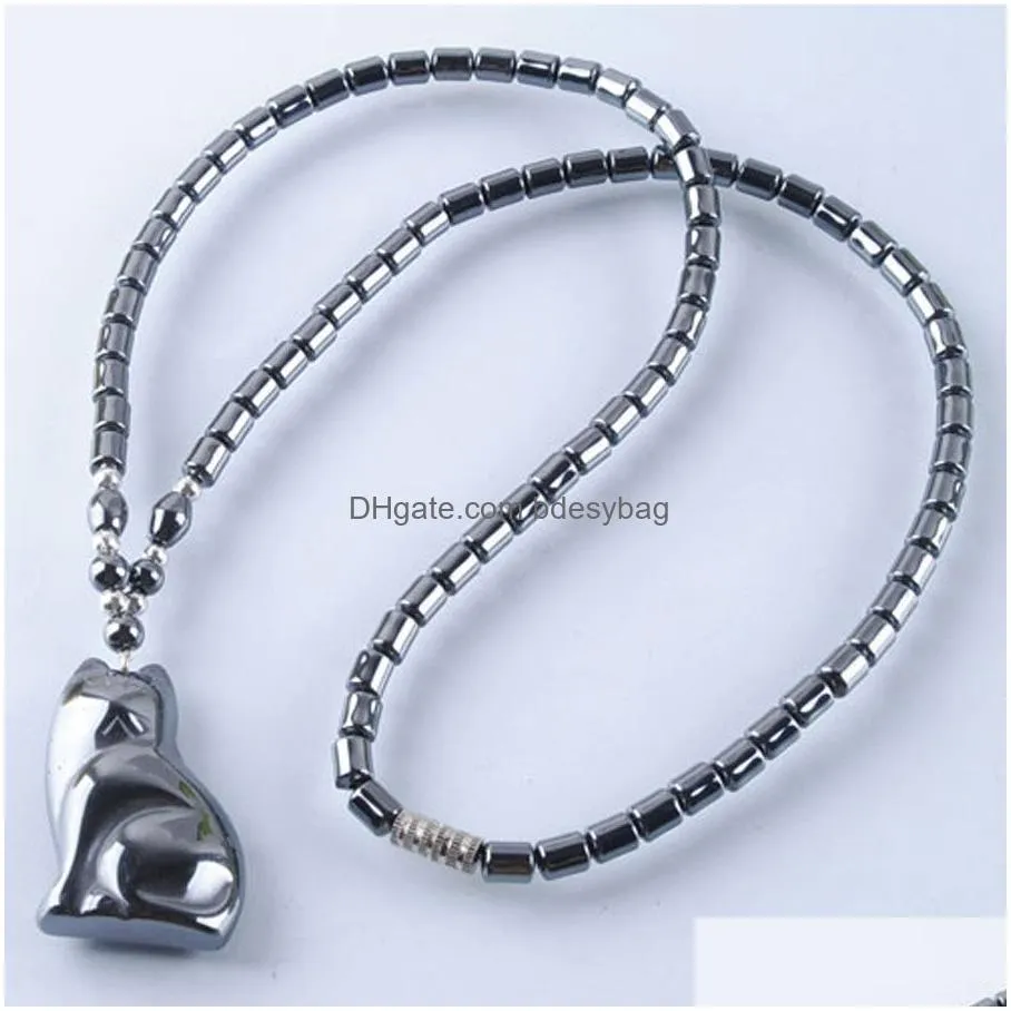 black non magnetic cat pendant necklace natural hematite stone beads strand 18 length fashion jewelry gift f3036