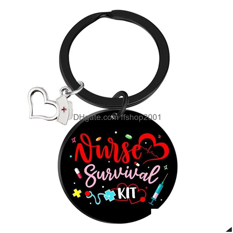 28mm colorful nurse day keychains black stainless steel keychain pendant creative gift keyring