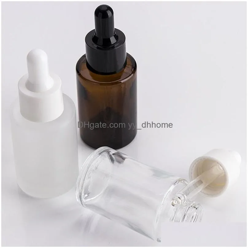 30ml glass bottle flat shoulder frosted/transparent/amber round  oil serum dropper bottle portable empty cosmetic bottles