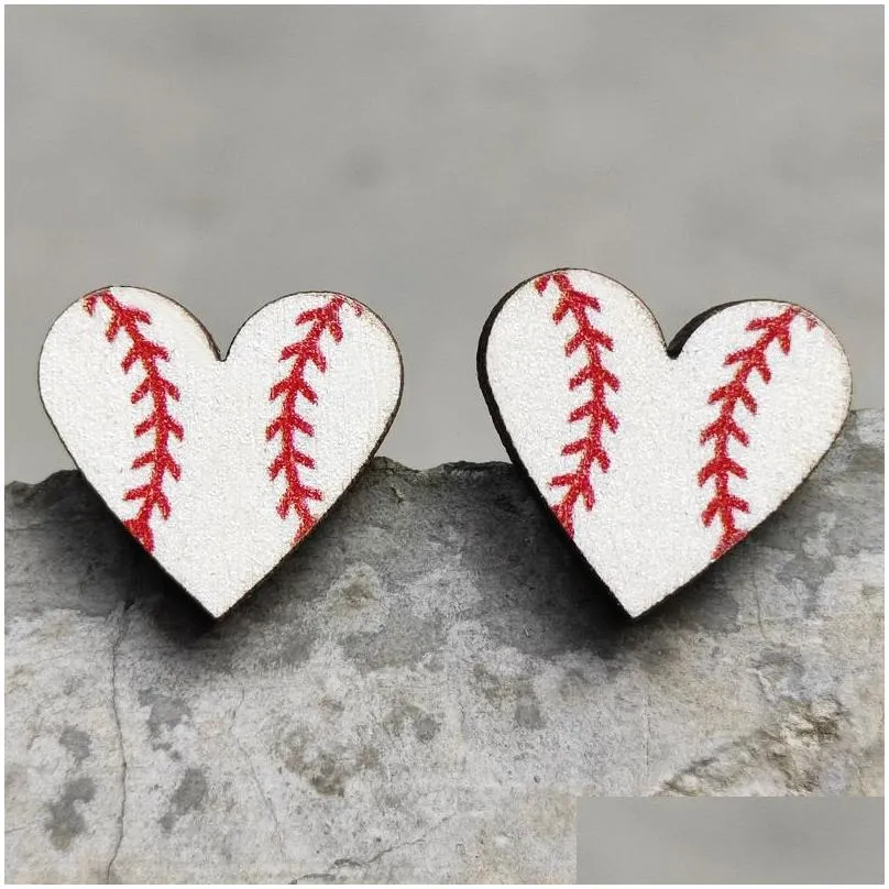 heart sports baseball stud earrings rugby football basketball wooden stud fashion accessories