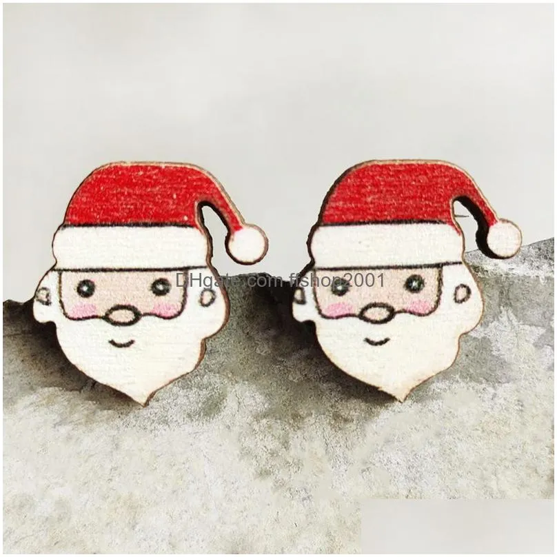 christmas stud candy snowman santa claus cartoon wooden ear studs earrings fashion accessories xmas gift