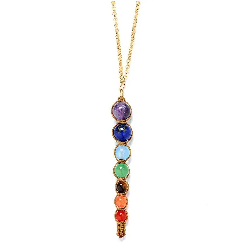 natural crystal stone pendant necklaces colorful seven chakra stones necklace yoga healing balance bead fashion accessories