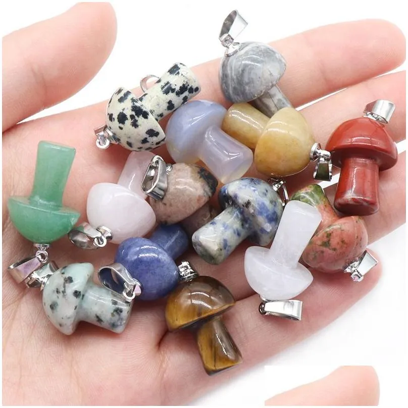 natural crystal stone mushroom pendant party favor pink crystal chakra diy jewelry making necklace