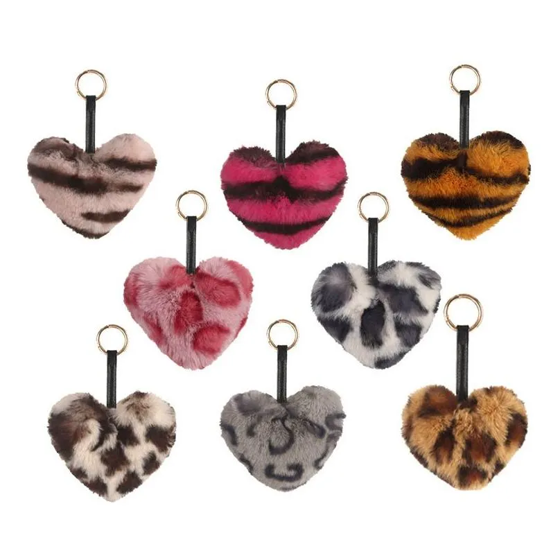 8pcs/set leopard plush keychain pendant fashion heart shaped key chain luggage decoration keyring exquisite diy gift