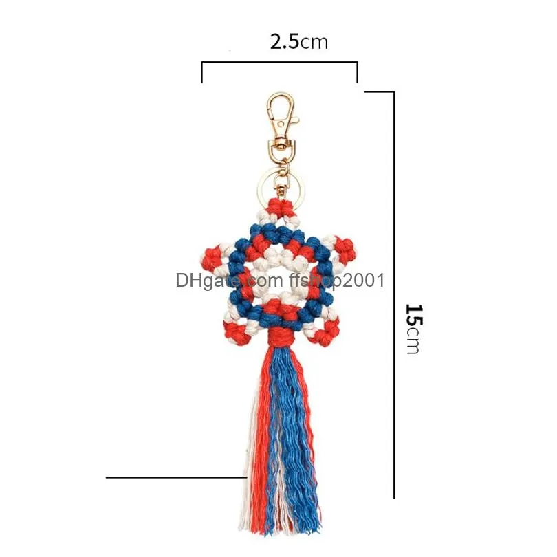 bohemia hand woven keychain cotton rope american independence day tassel keychains ladies bag decoration pendant key chain keyring