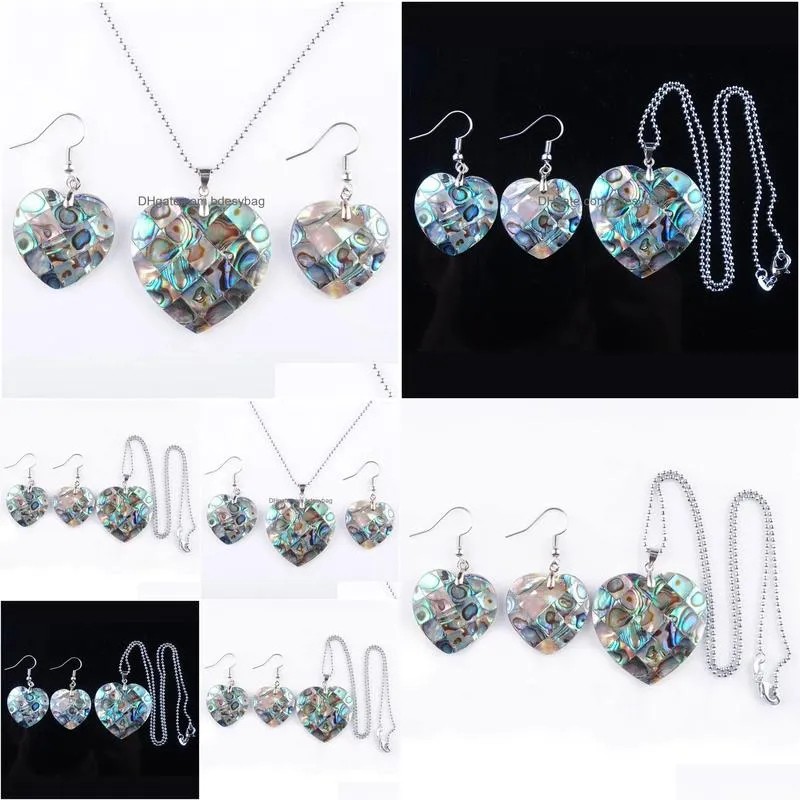 natural paua abalone shell heart fashion jewelry set for women party gift beads dangle pendant dangle hook earring chain 45cm q3002