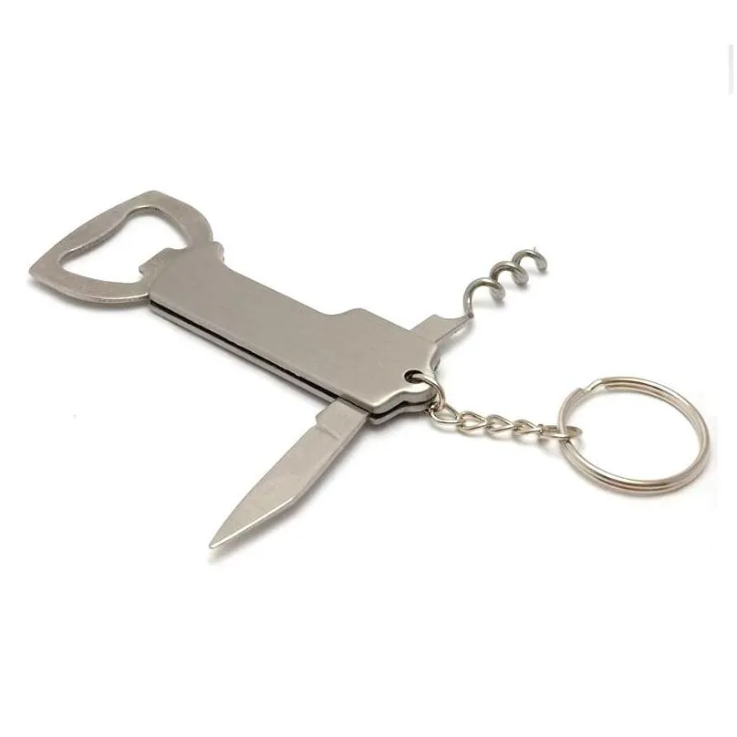 stainless steel bottle opener keychains multifunctional folding knife keychain home kitchen tool screw corkscrew