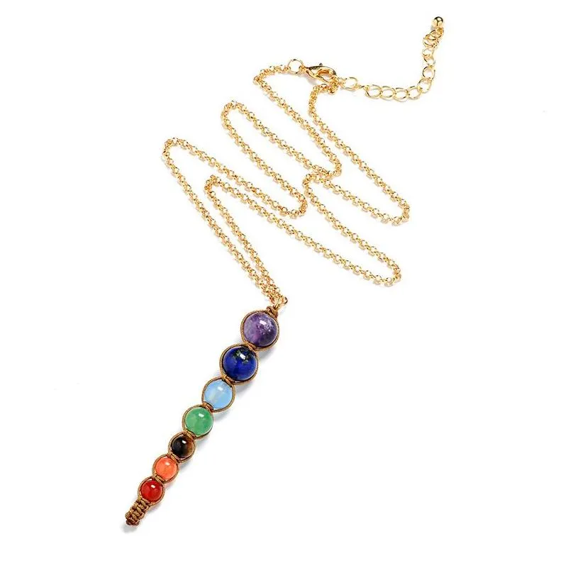 natural crystal stone pendant necklaces colorful seven chakra stones necklace yoga healing balance bead fashion accessories