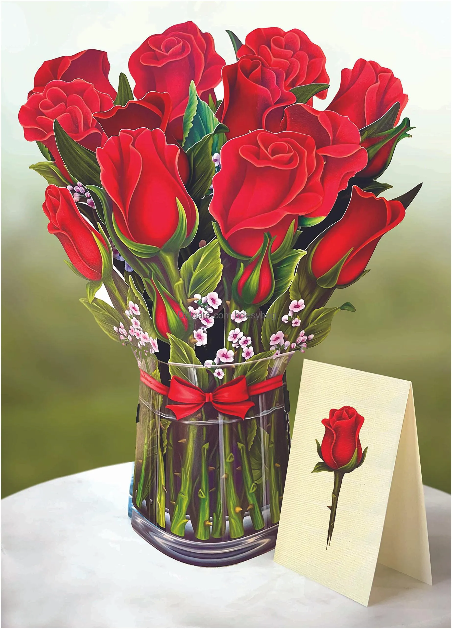  up cards red roses 12 inch life sized forever flower bouquet 3d popup paper flower anniversary greeting cards with note card and envelope