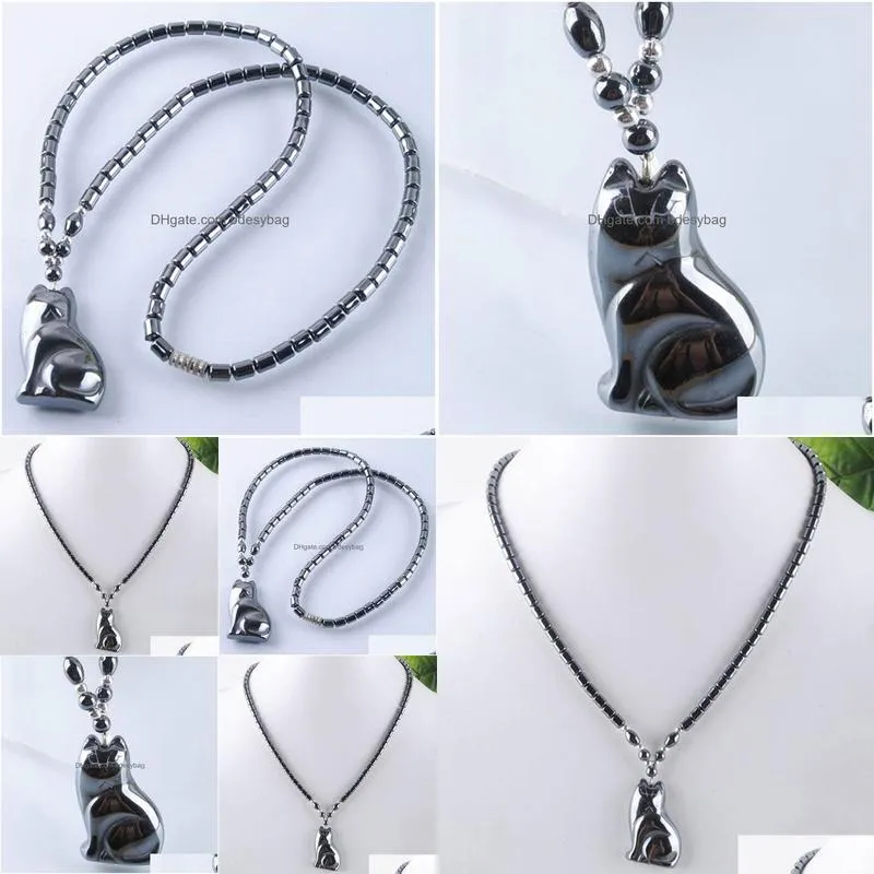 black non magnetic cat pendant necklace natural hematite stone beads strand 18 length fashion jewelry gift f3036