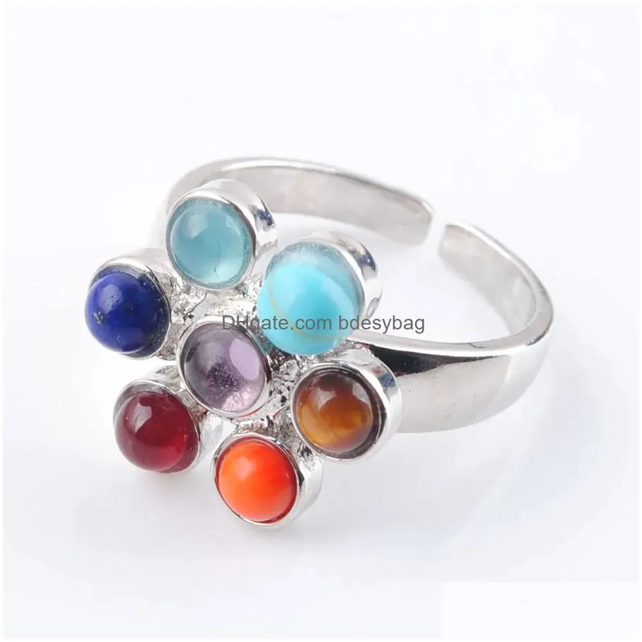 beautiful adjustable rings 7 chakra reiki healing rainbow flower for women natural stone beads finger ring fashion jewelry bx301