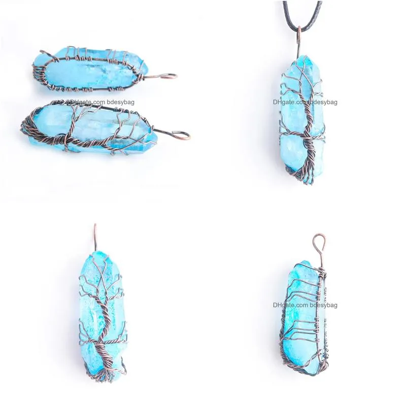 natural blue crystal pillar pendants handmade antique copper wire wrapped tree of life for necklace jewelry n3749