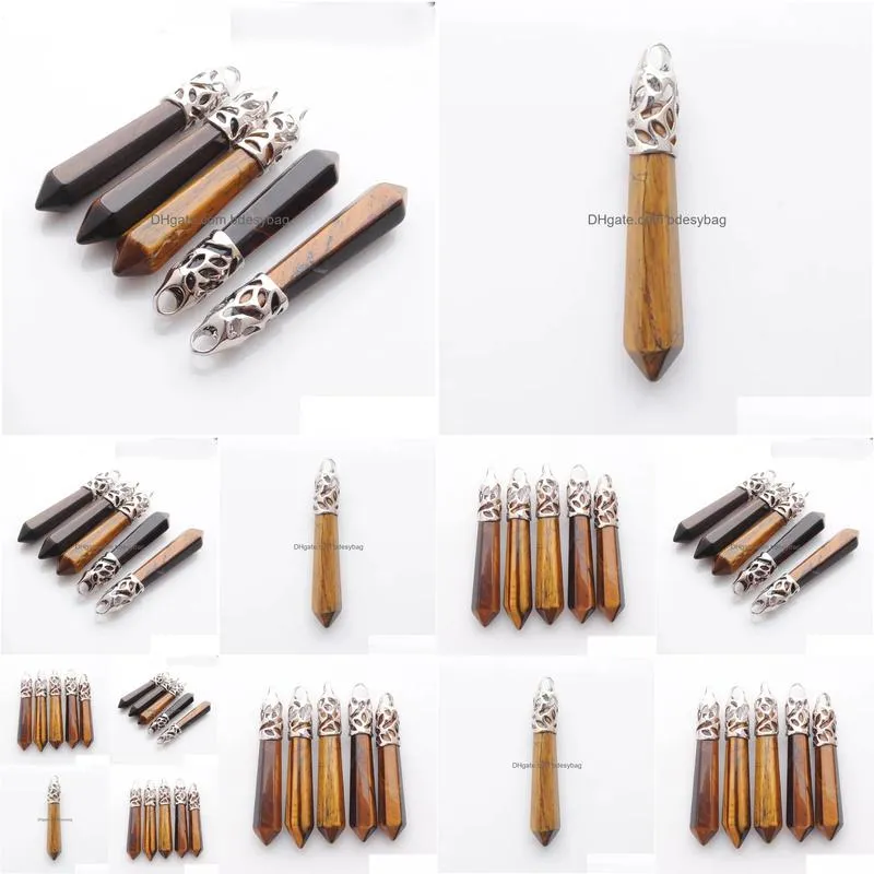 tigers eye stone hexagonal column pendulum pendant beads pointed reiki chakra pendants for men women jewelry charms n3009