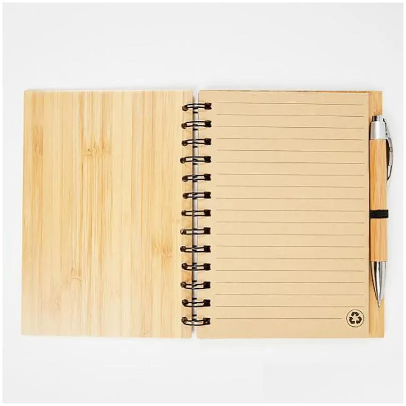 diy wood bamboo cover notebook spiral notepad with pen 70 sheets recycled lined paper 18x13.5 cm