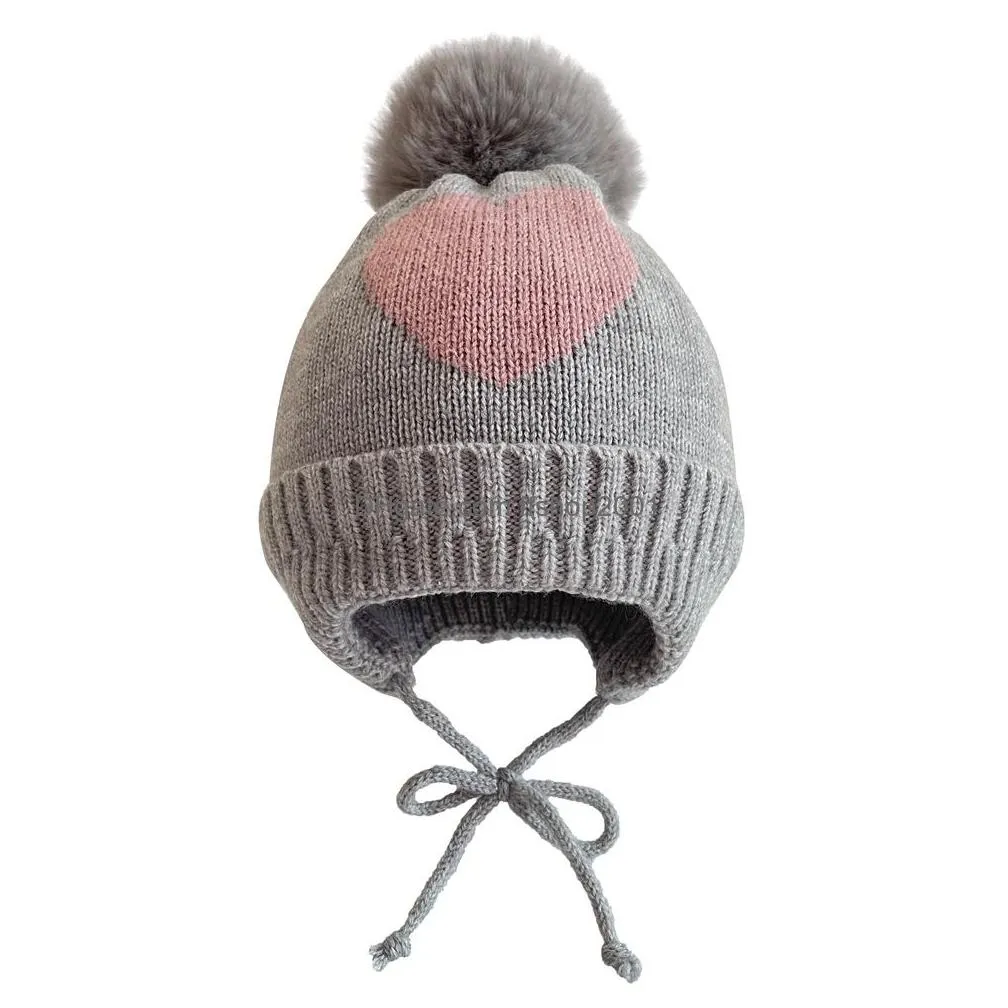 childrens hat beanie jacquard love winter warm knitted hat baby hair ball ear cap