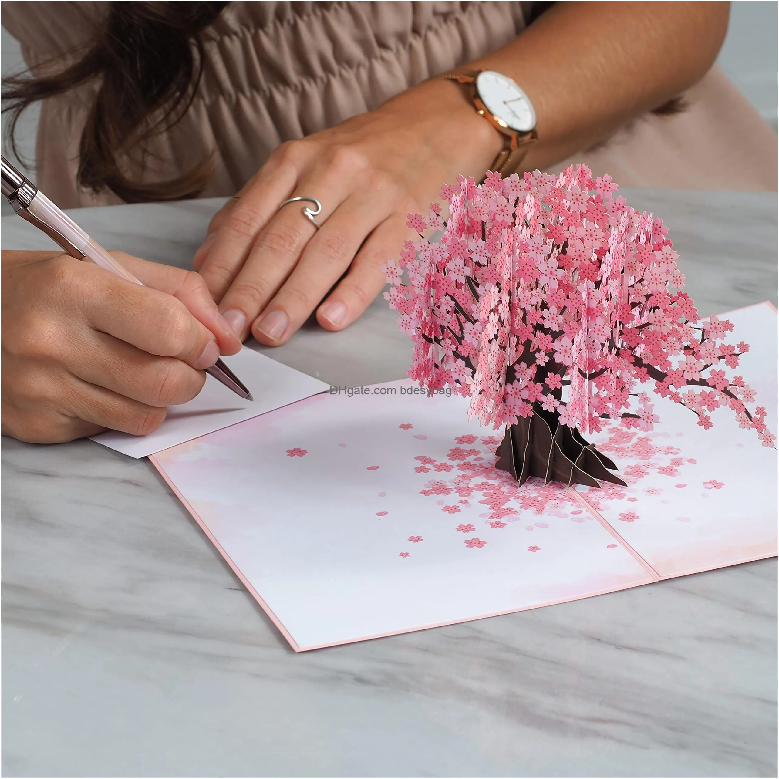 3d cherry blossom  up card for valentines spring mothers day all occasions 5 x 7 cover includes envelope and note tag