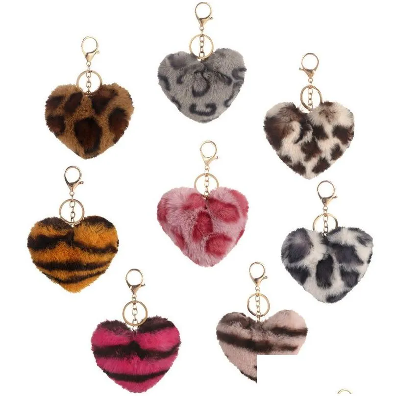 8pcs/set leopard plush keychains pendant creativity heart shaped key chain luggage decoration keyring designer diy gift