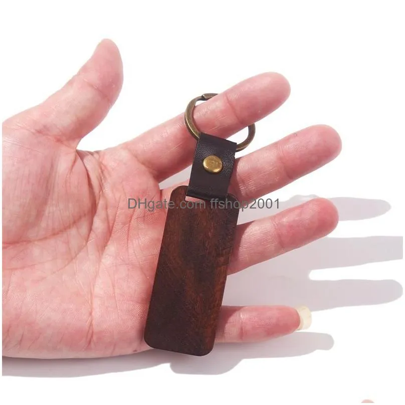 personalized leather keychain pendant beech wood carving keychains luggage decoration key ring diy thanksgiving holiday gift