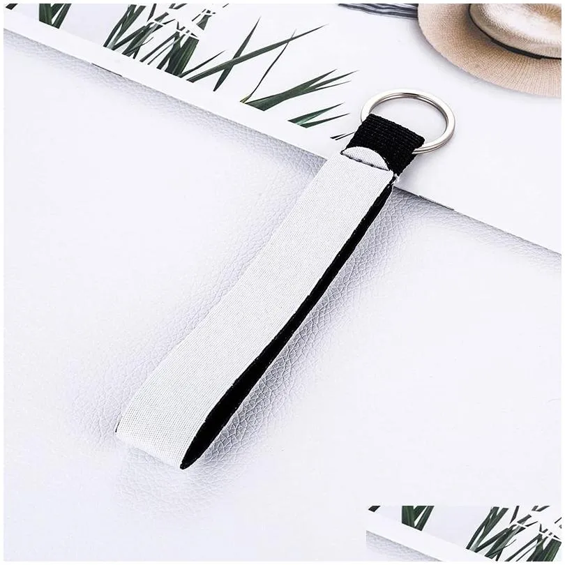 sublimation blank long keychain pendant keyring heat transfer neoprene white wrist band key chain diy gift