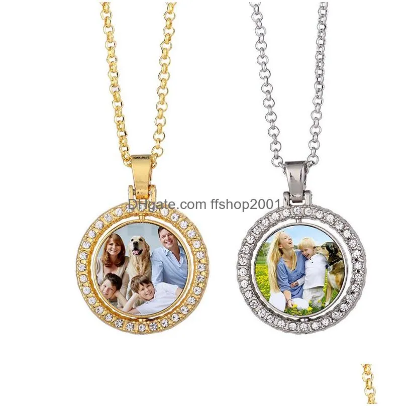 diamond sublimation blank pendant necklace rotatable double sided heat transfer metal necklace diy fashion jewelry gift