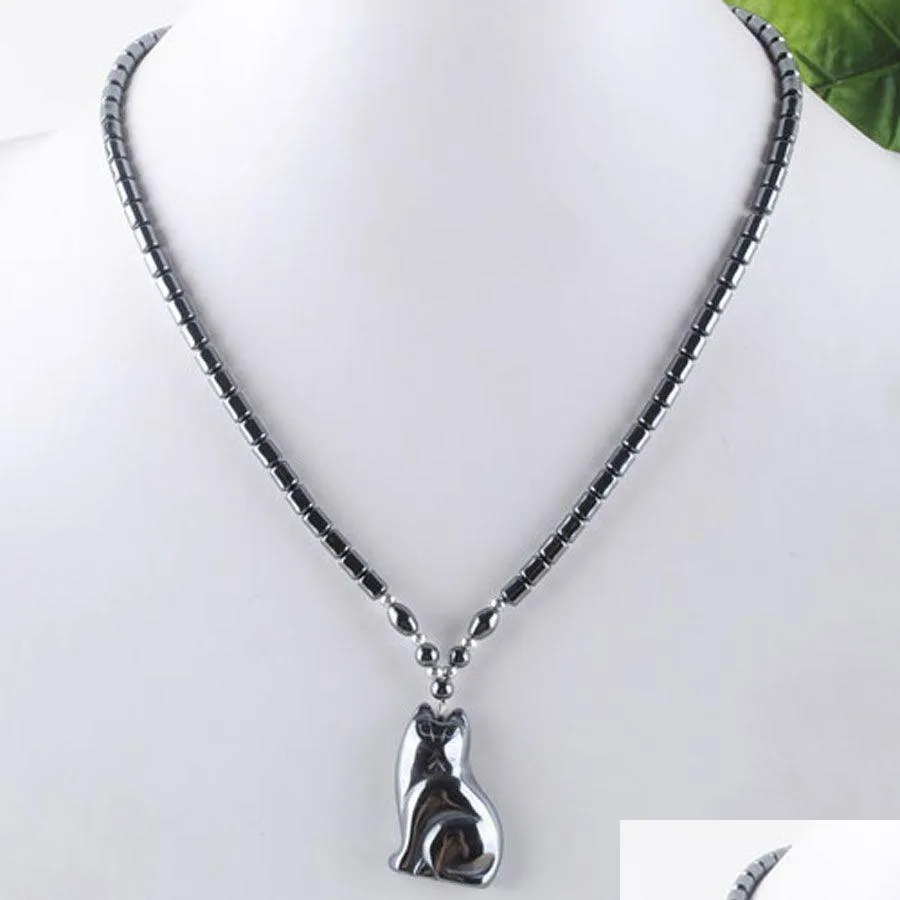 black non magnetic cat pendant necklace natural hematite stone beads strand 18 length fashion jewelry gift f3036