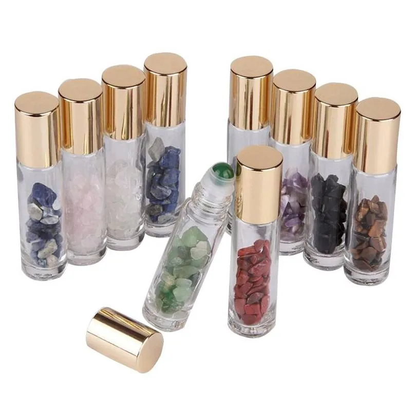 gem  oil bottle natural crystal stone roller ball bottles 10ml portable glass perfume bottling healing chips party gift