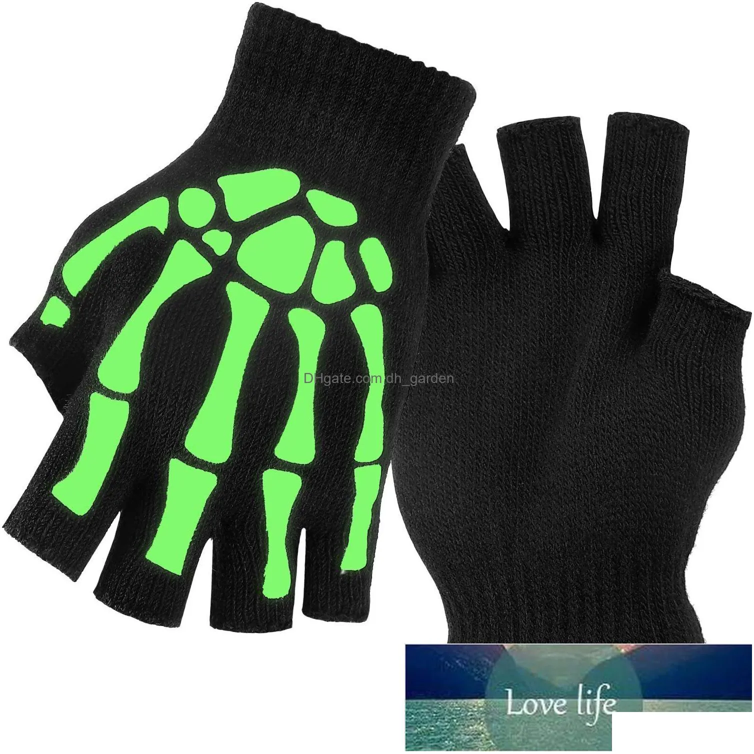 uni adult halloween skeleton skull half finger gloves glow in the dark fingerless stretch knitted winter mittens factory price expert design quality