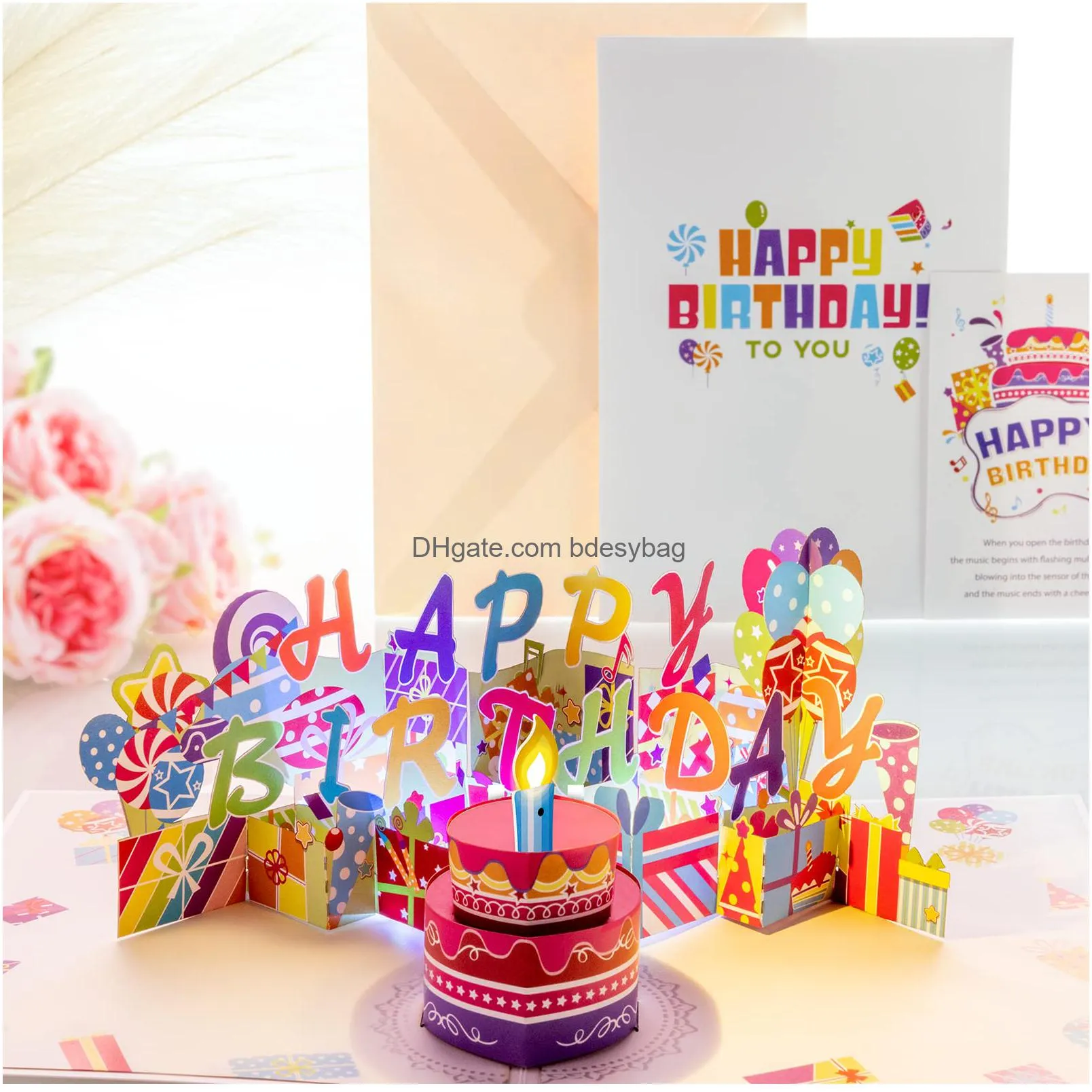 musical birthday card large blowable led light candle 3d popup cards with happy birthday music cheers sound various lights blow out led light candle colourful greeting cards for kids men and women