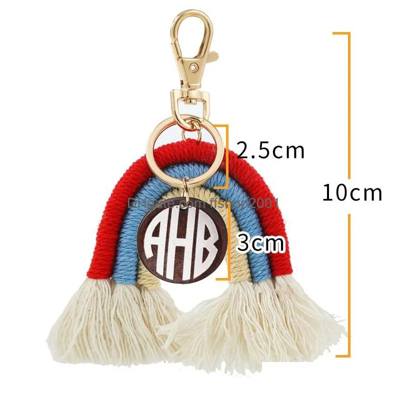 bohemian rainbow woven keychain braided tassel keychain pendant diy wood chip luggage decoration key chain keyring