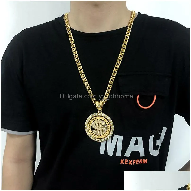 creative dollar necklace personalized diamond studded dollar rotating metal pendant necklaces hip hop jewelry accessories