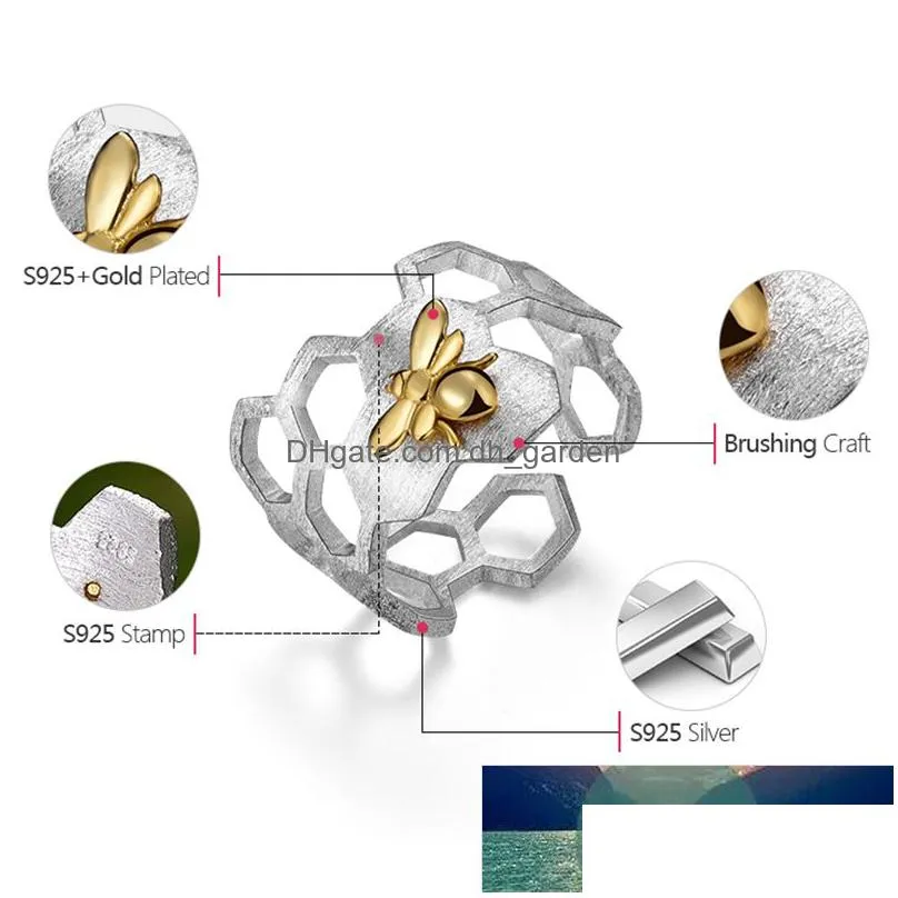 lotus fun real 925 sterling silver 18k gold bee rings natural designer fine jewelry home guard honeycomb open ring for women factory price expert design
