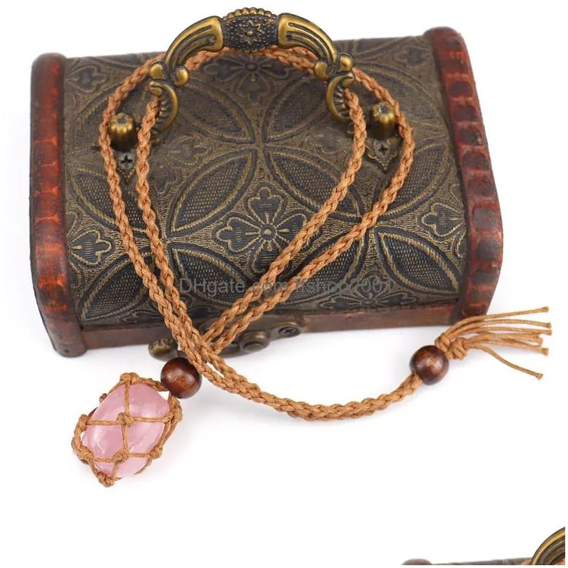 natural crystal stone pendant necklace net bag hand woven necklaces yoga energy stone adjustable