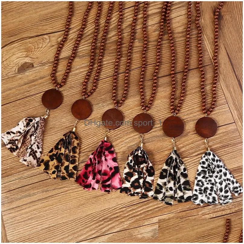 leopard pattern tassel pendant necklace natural timber beads wood chip necklaces cloth retro ethnic style gift