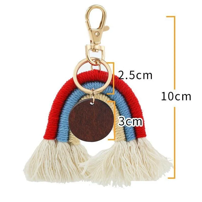 bohemian tassel keychain pendant diy wood chip rainbow braided woven keychain luggage decoration key chain keyring creative gift