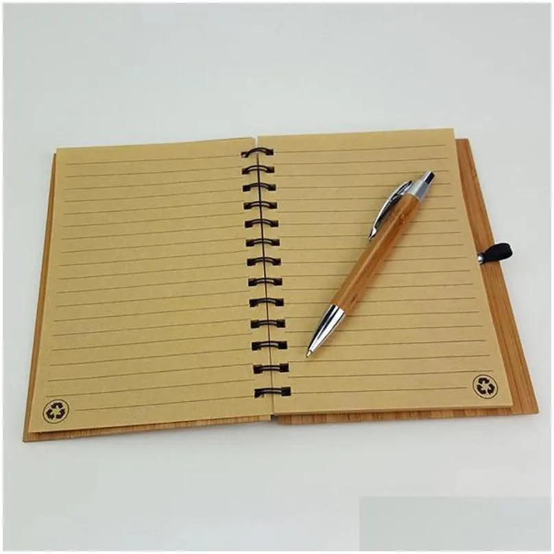 diy wood bamboo cover notebook spiral notepad with pen 70 sheets recycled lined paper 18x13.5 cm