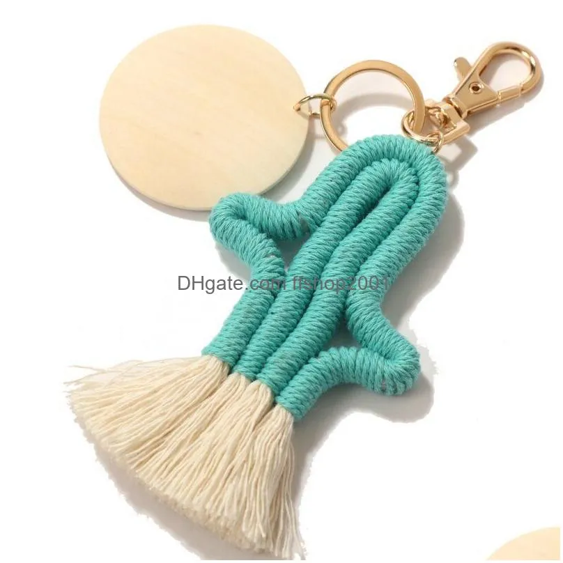 diy wood chip cactus tassel keychain pendant bohemian hand woven keychain creative gift key chain keyring