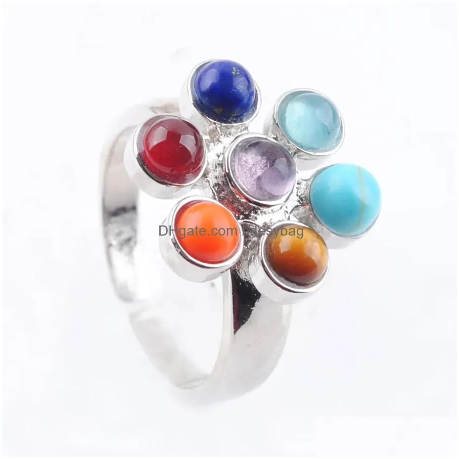 beautiful adjustable rings 7 chakra reiki healing rainbow flower for women natural stone beads finger ring fashion jewelry bx301