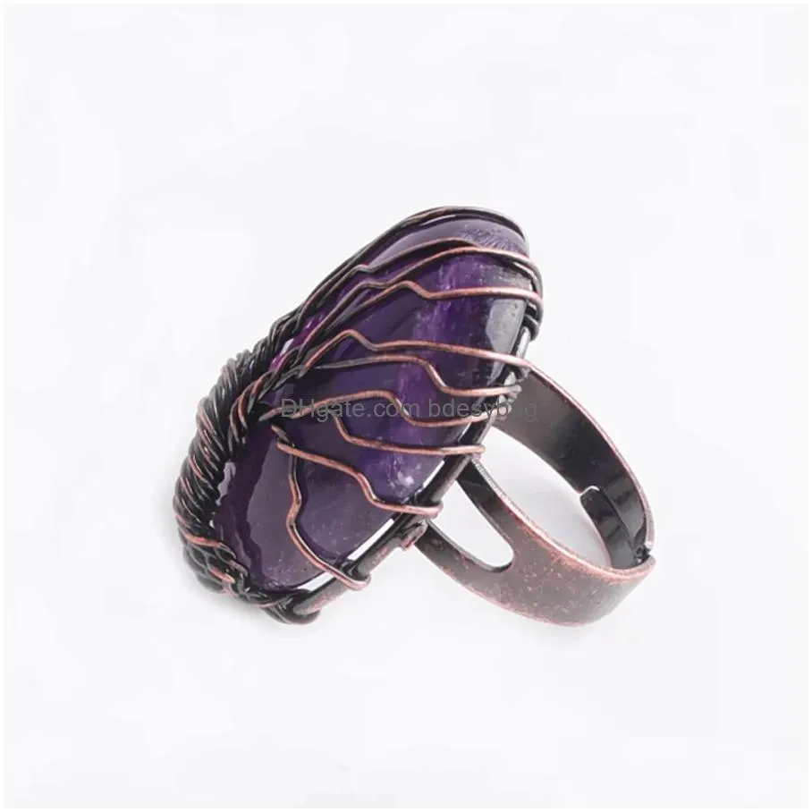 adjustable ring women man fingers jewelry natural stone oval shape vintage copper wire wrapped tree of life antique rings bx306