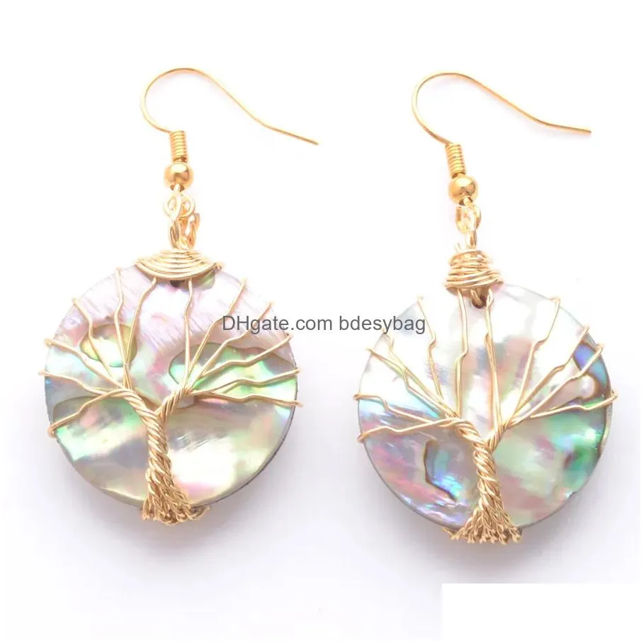 elegant dangle earrings for women jewelry gifts tree of life round bronze gold silver wrap wire abalone shell earring br348